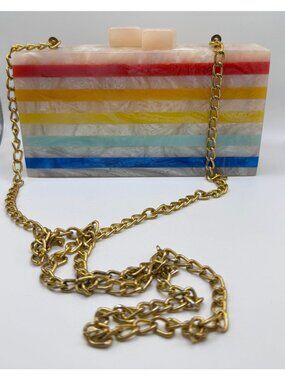 Rainbow Striped Acrylic Clutch Purse Gold Chain Strap Pearlized Party Artsy